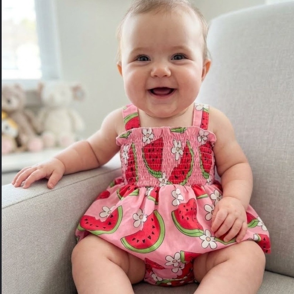 Pink Watermelon Daisy Print Baby Romper Sunsuit Smocked Bodice 6-12M